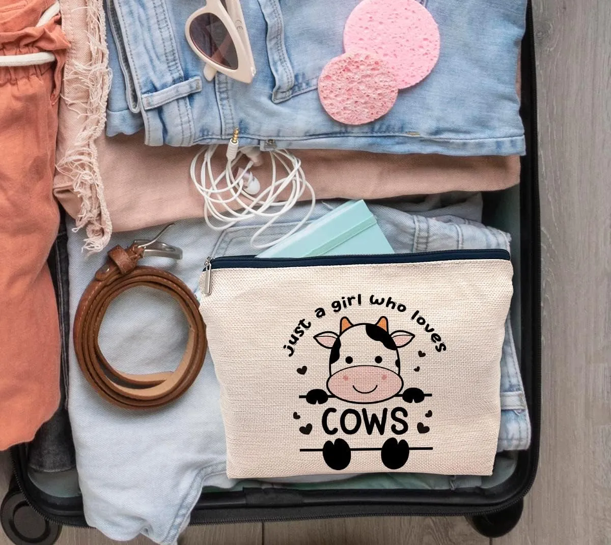 IWXYI Cute Just a Girl Who Loves Cows Decor Cosmetic Bag,Baby Cows Lover Women's Makeup Bag Zipper Pouch Travel Toiletry Gifts For Cows Cow Lover Women Teenage Girls