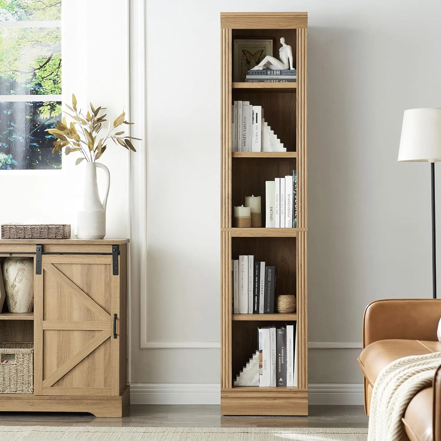 JAHRSTIM Halston Narrow Bookcase, Adjustable Storage Open Display Shelving Unit for Home and Office Space, 15.75”L x 13.78”W x 72.8”H, Oak