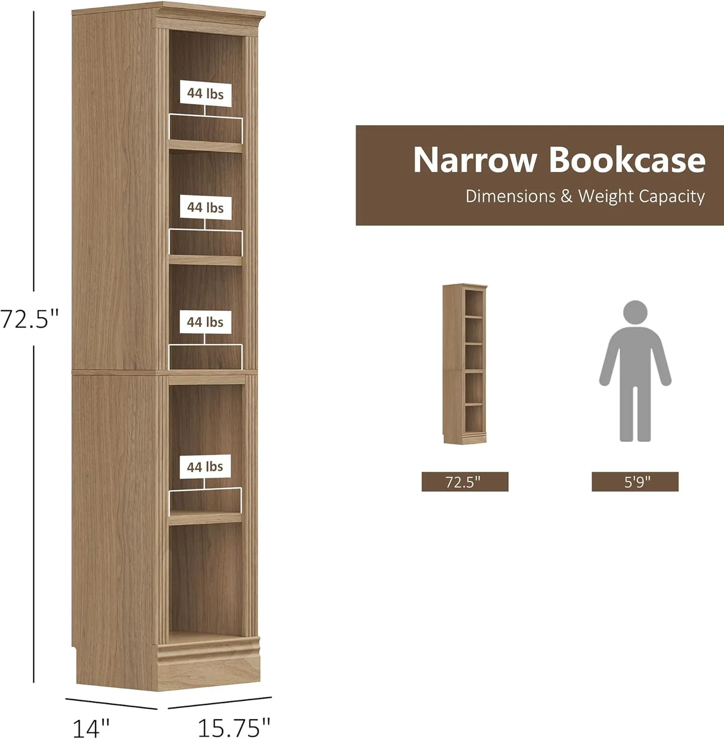 JAHRSTIM Halston Narrow Bookcase, Adjustable Storage Open Display Shelving Unit for Home and Office Space, 15.75”L x 13.78”W x 72.8”H, Oak