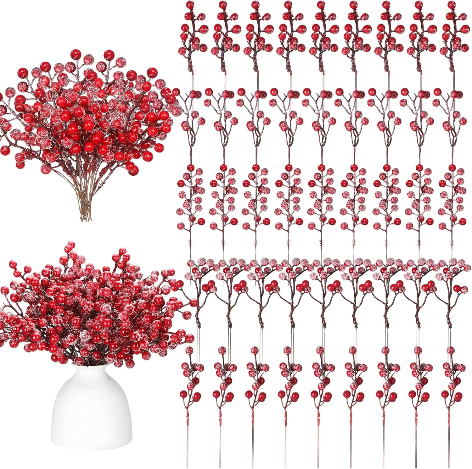 Janinka 60 Pcs Christmas Snow Frosted Artificial Berry Branches 7.87 Inch Floral Berry Picks Holly Berry Stems Berry Picks and Sprays for Xmas Tree Garland Wreath Vase Filler Decor(Red)