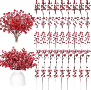 Janinka 60 Pcs Christmas Snow Frosted Artificial Berry Branches 7.87 Inch Floral Berry Picks Holly Berry Stems Berry Picks and Sprays for Xmas Tree Garland Wreath Vase Filler Decor(Red)