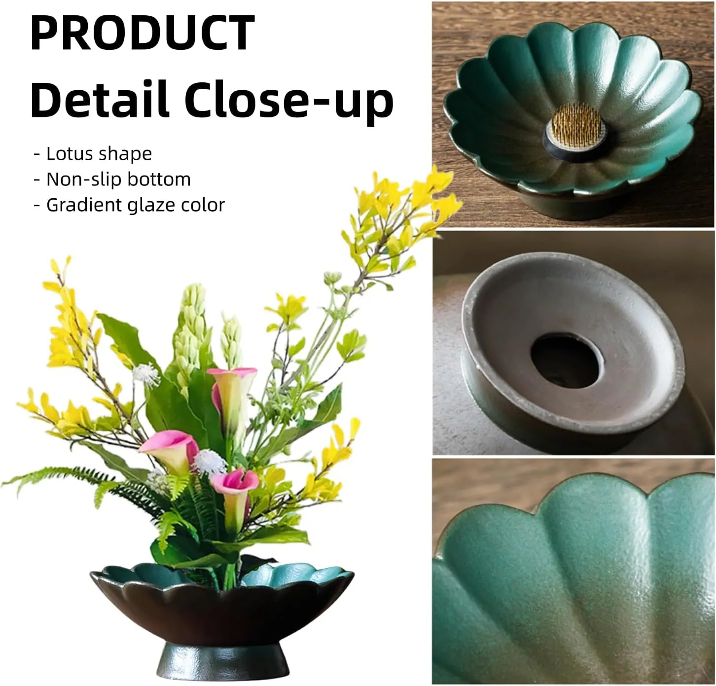 Japanese Ikebana, Lotus Shaped Ceramic Bowl Vase, Flower Arranging Supplies Kit with 2pc Round Floral Frog 1 Scissors 1 Kenzan Straightener