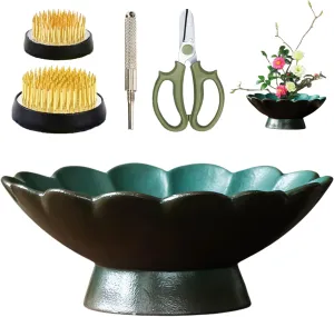 Japanese Ikebana, Lotus Shaped Ceramic Bowl Vase, Flower Arranging Supplies Kit with 2pc Round Floral Frog 1 Scissors 1 Kenzan Straightener