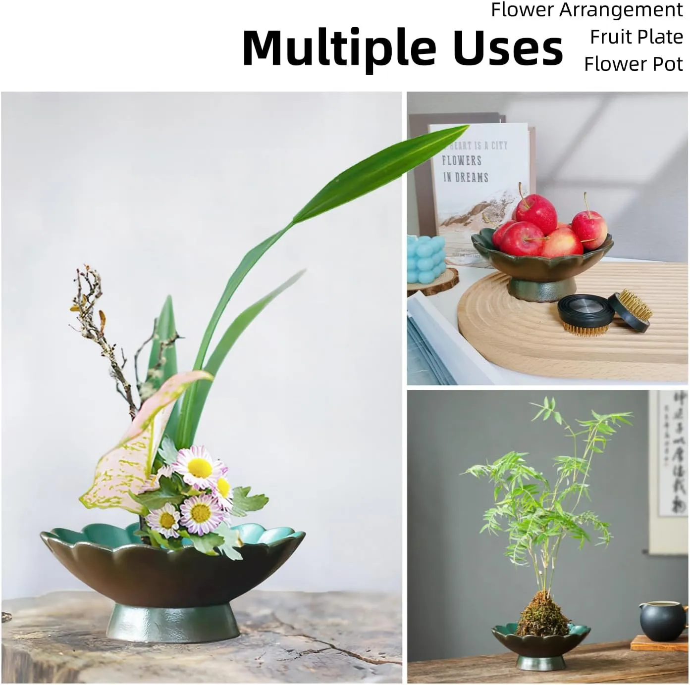 Japanese Ikebana, Lotus Shaped Ceramic Bowl Vase, Flower Arranging Supplies Kit with 2pc Round Floral Frog 1 Scissors 1 Kenzan Straightener