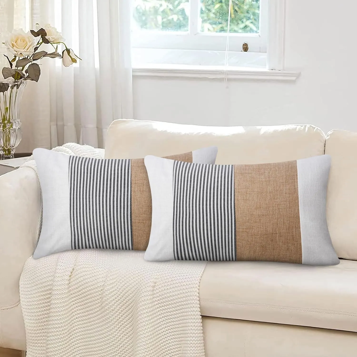 JASEN Black and White Throw Pillow Covers 12x20 Striped Farmhouse Boho Lumbar Decorative Pillow Covers for Couch Sofa Bed