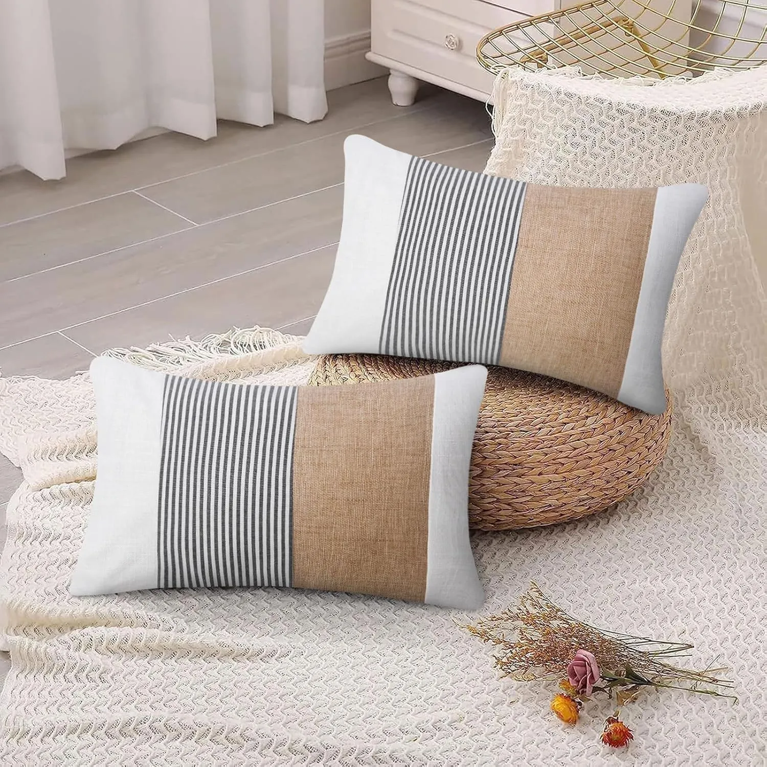 JASEN Black and White Throw Pillow Covers 12x20 Striped Farmhouse Boho Lumbar Decorative Pillow Covers for Couch Sofa Bed