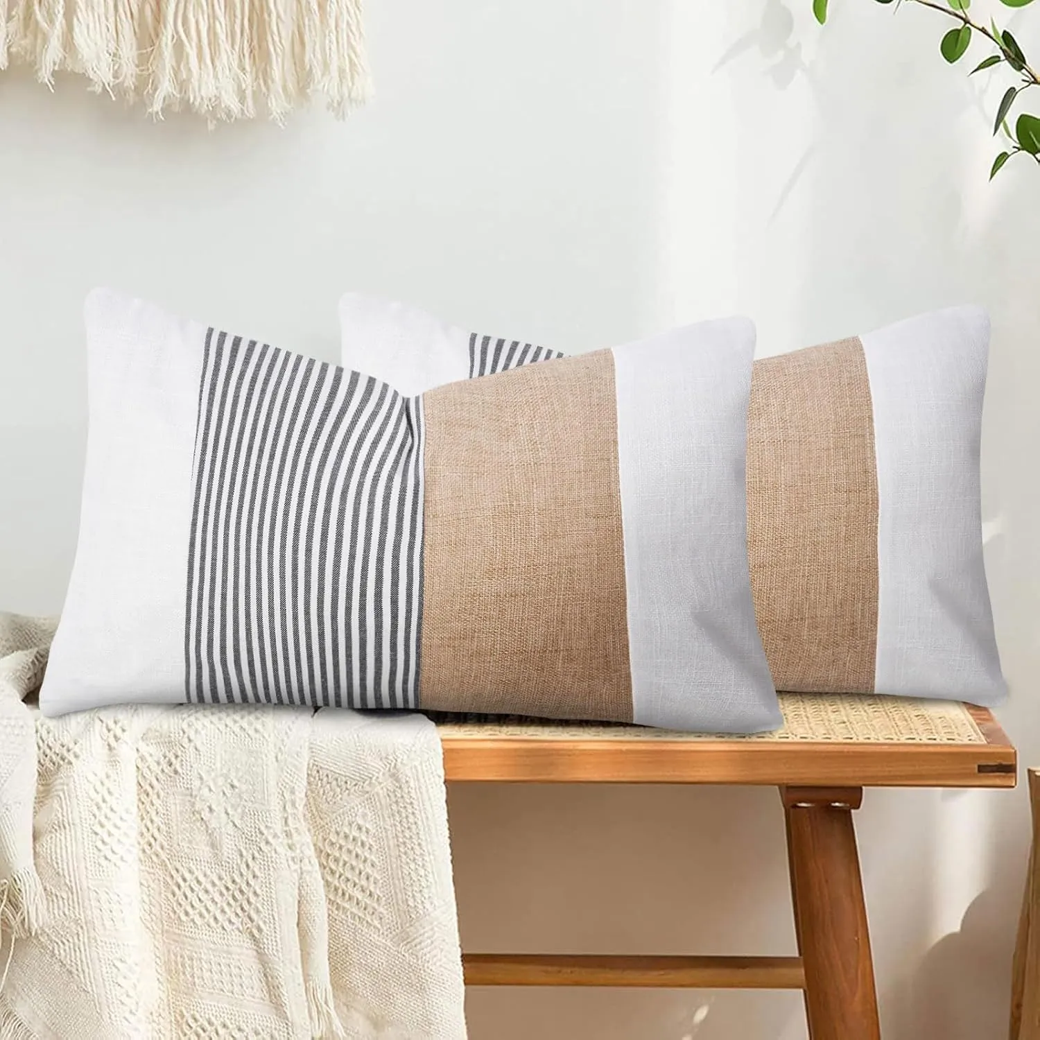 JASEN Black and White Throw Pillow Covers 12x20 Striped Farmhouse Boho Lumbar Decorative Pillow Covers for Couch Sofa Bed