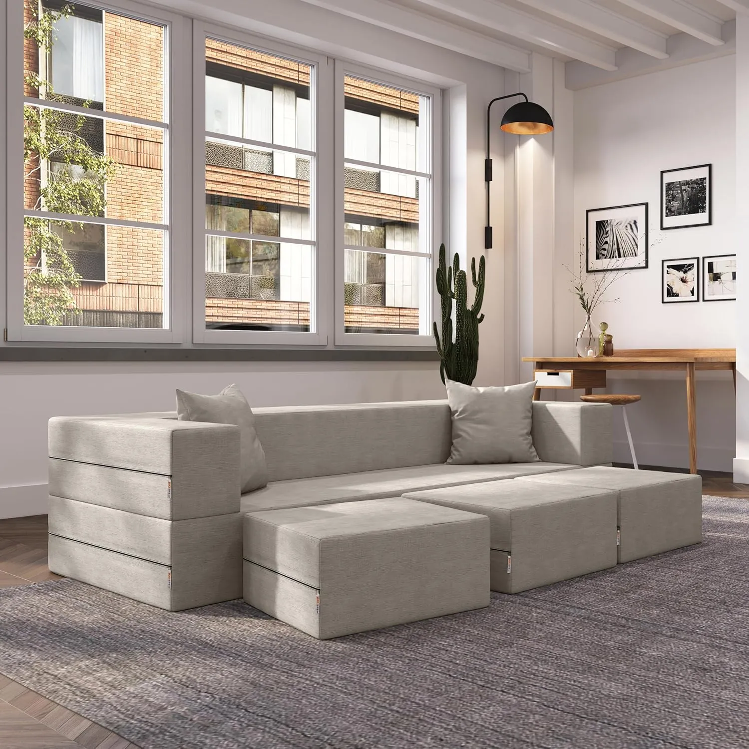 Jaxx Zipline Convertible Sleeper Sofa & Three Ottomans/California King-Size Bed, Dove Grey