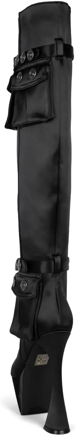 Jeffrey Campbell Secretz Black Denim Pointed Toe Spool Heel Embellished Boots