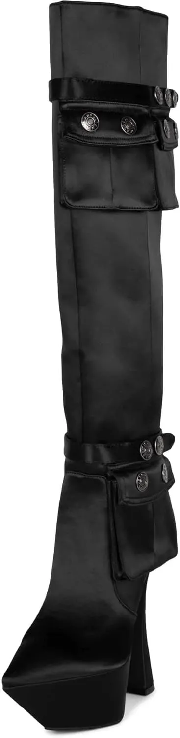 Jeffrey Campbell Secretz Black Denim Pointed Toe Spool Heel Embellished Boots