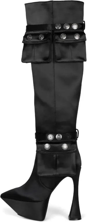 Jeffrey Campbell Secretz Black Denim Pointed Toe Spool Heel Embellished Boots
