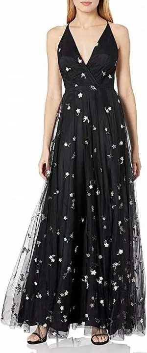 Jenny Yoo Women's Chelsea Starry Night Embroidered Metallic Long Tulle Gown