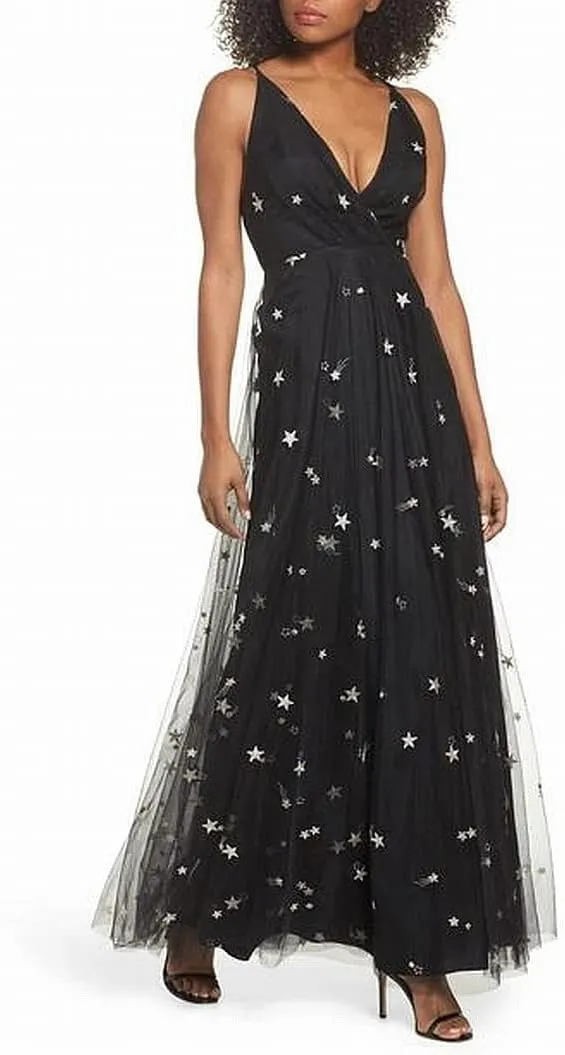 Jenny Yoo Women's Chelsea Starry Night Embroidered Metallic Long Tulle Gown