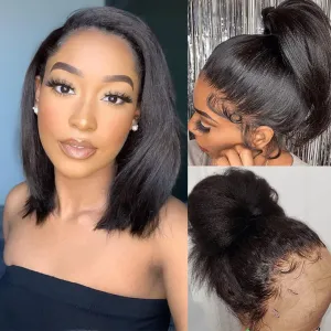 Jessicahair Transparent Lace 180% Density Kinky Straight 5x5 Closure Wigs Short Yaki Straight Brazilian Human Hair Wigs for Black Women Pre Plucked Natural Hairline with Baby Hair （8 Inch）, 1.0 Count