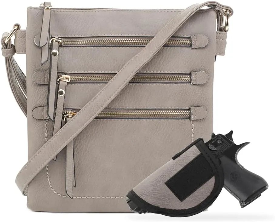 JESSIE & JAMES Double Compartment Multi-Zipper Triple Zip Pockets Concealed Carry Crossbody Bag with Lock and Key
