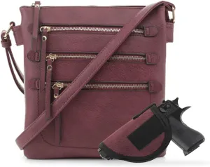 JESSIE & JAMES Double Compartment Multi-Zipper Triple Zip Pockets Concealed Carry Crossbody Bag with Lock and Key