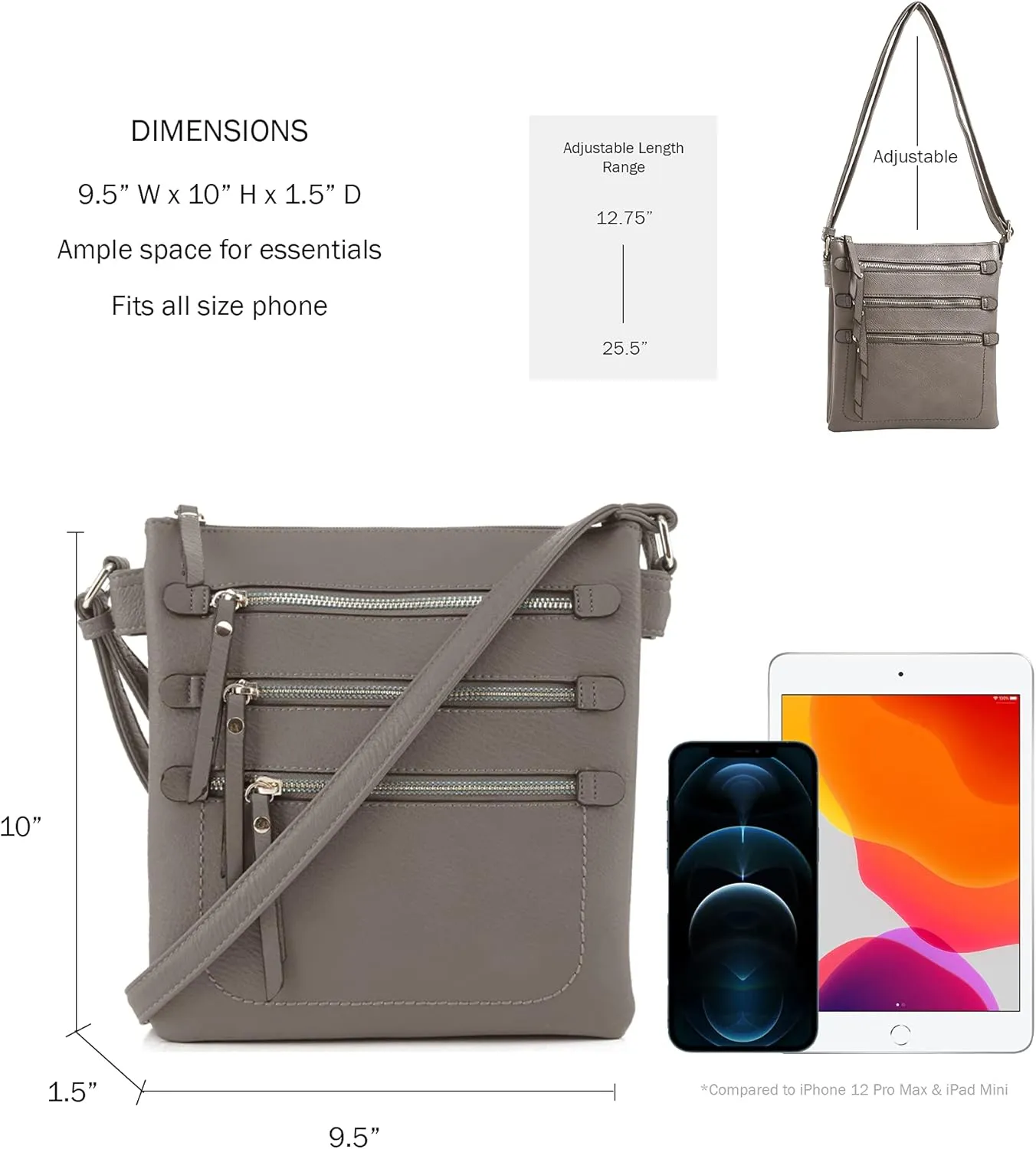 JESSIE & JAMES Double Compartment Multi-Zipper Triple Zip Pockets Concealed Carry Crossbody Bag with Lock and Key
