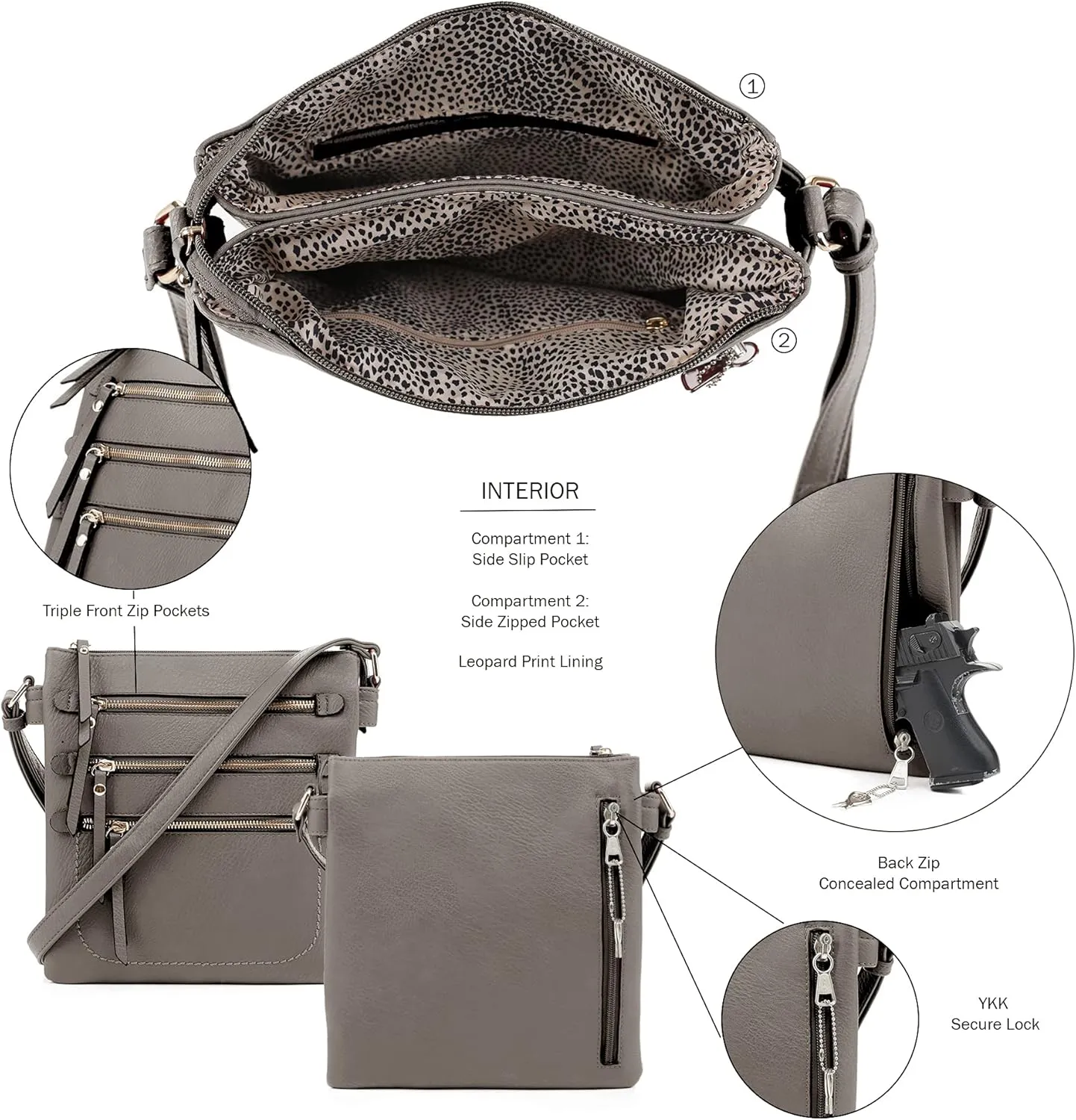 JESSIE & JAMES Double Compartment Multi-Zipper Triple Zip Pockets Concealed Carry Crossbody Bag with Lock and Key