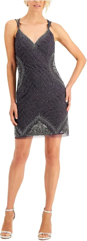 JKARA Womens Gray Embellished Zippered Crisscross Straps Open Back Sleeveless V Neck Short Party Sheath Dress L