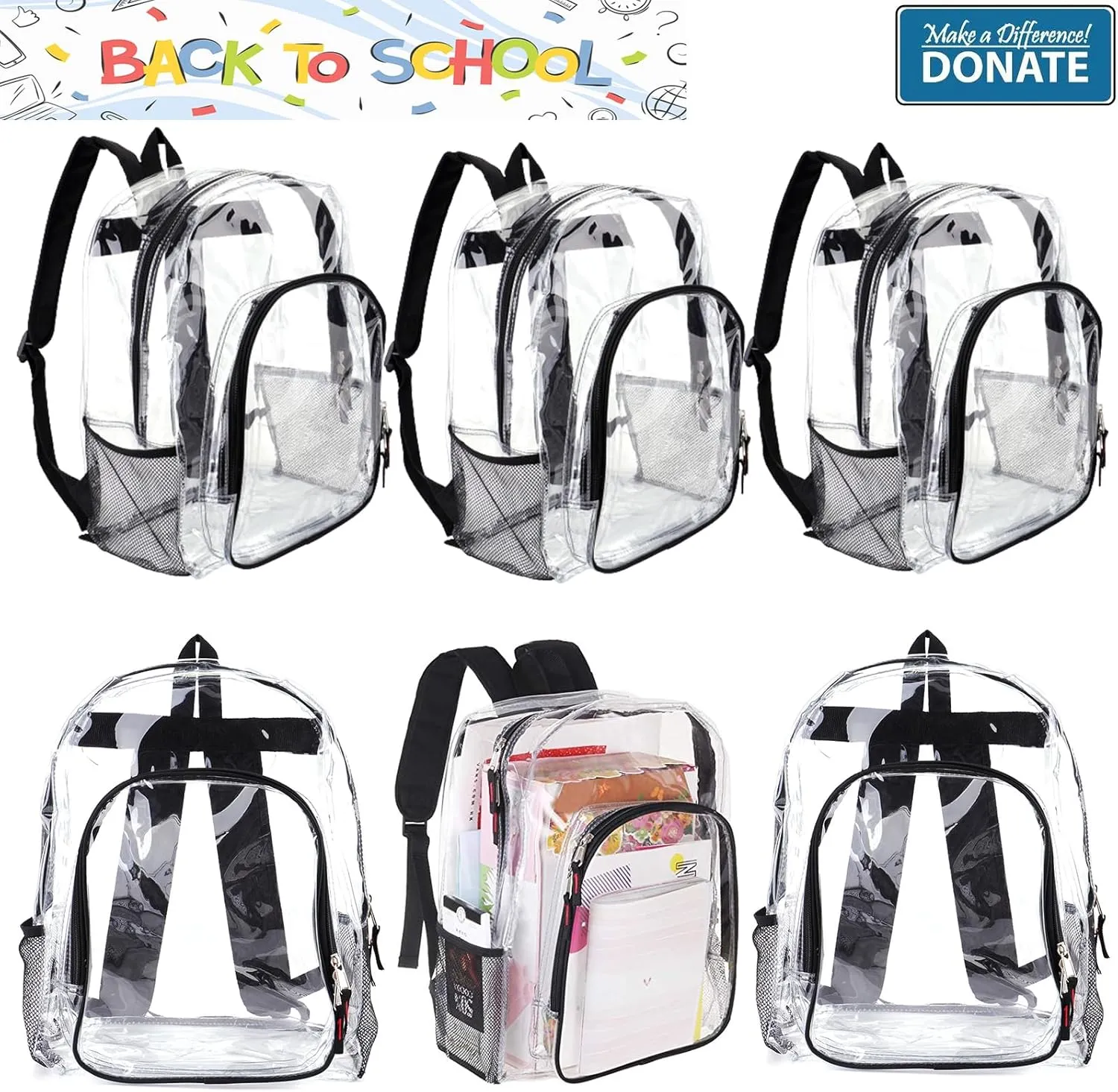 JOMPARO 24 Pack Clear Backpack Heavy Duty PVC Clear Bookbag Transparent See Through Backpacks for School, Girls, Boys, Kids