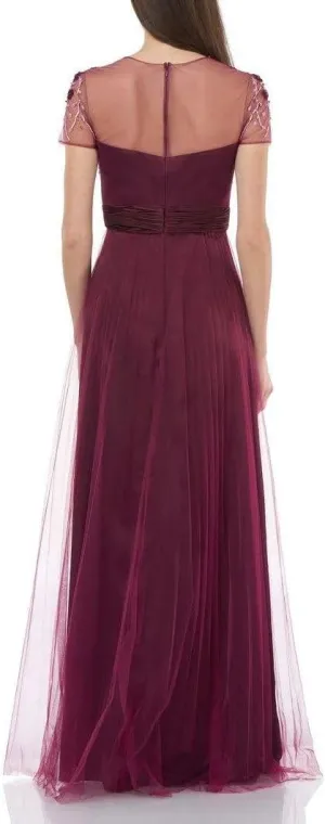 JS Collections Crew Neck Short Sleeve Embellished Bodice Ruched Waist Zipper Back Mesh Dress-JAM MULTI