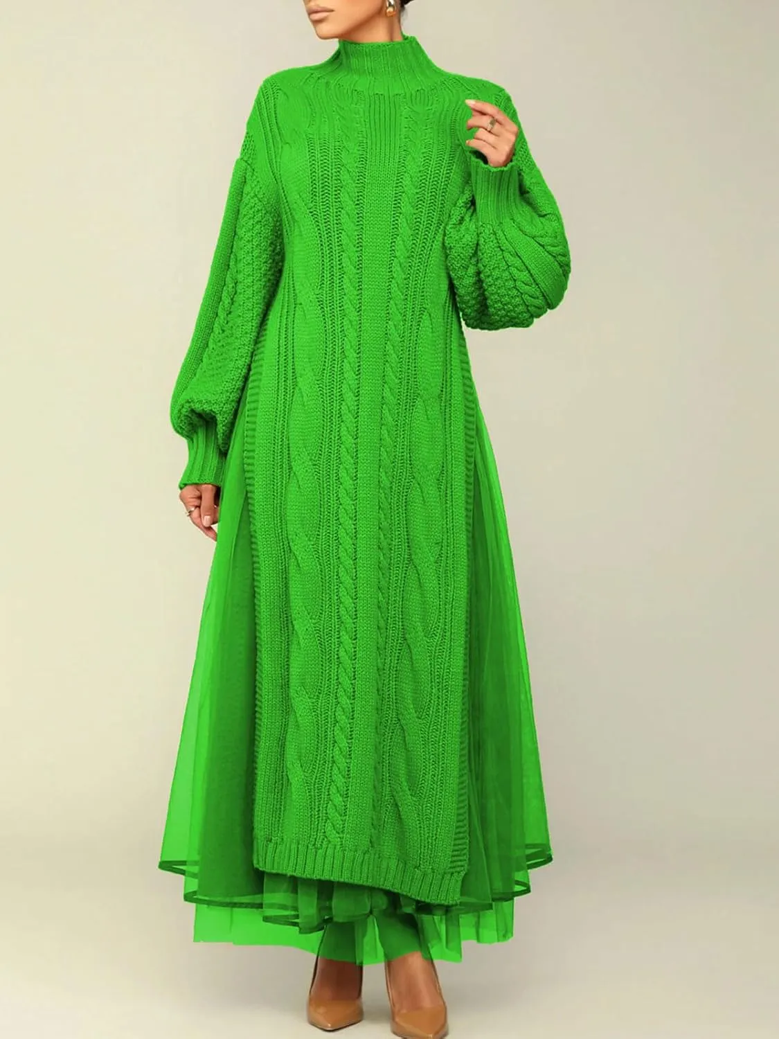 KANSOON Two Piece Fall Outfits for Women Long Lantern Sleeve Slit Sweater Dress and Maxi Tulle Skirt Set with Belt