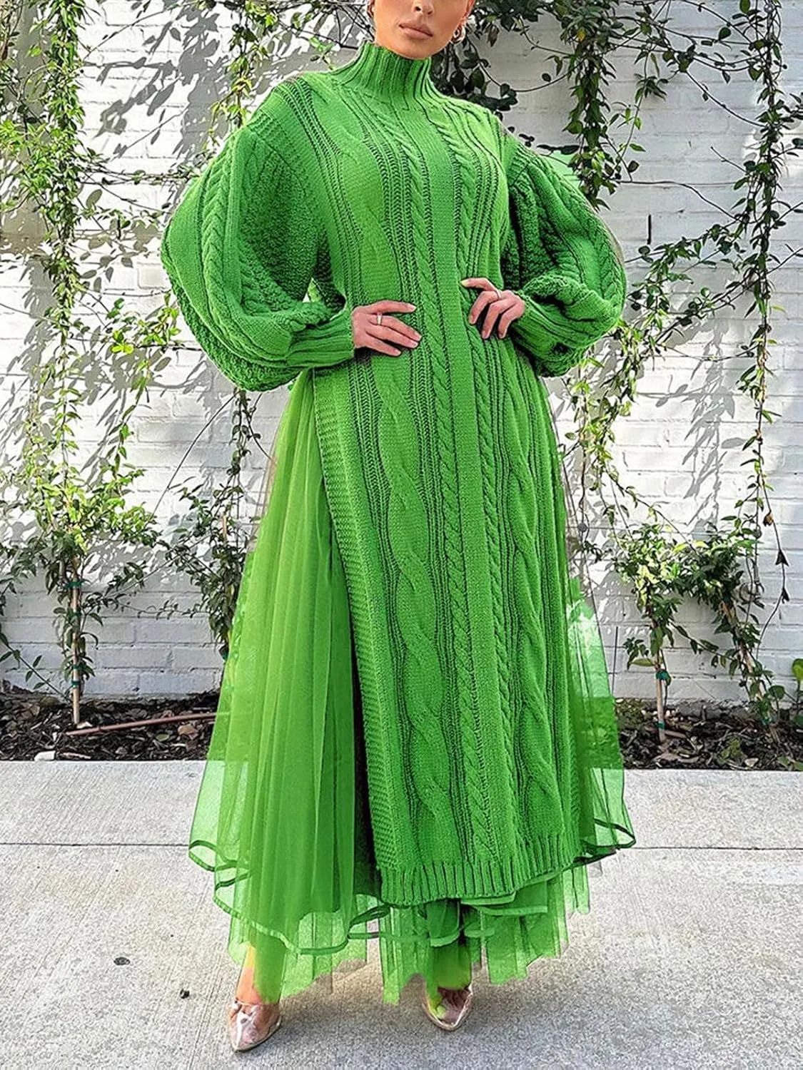 KANSOON Two Piece Fall Outfits for Women Long Lantern Sleeve Slit Sweater Dress and Maxi Tulle Skirt Set with Belt
