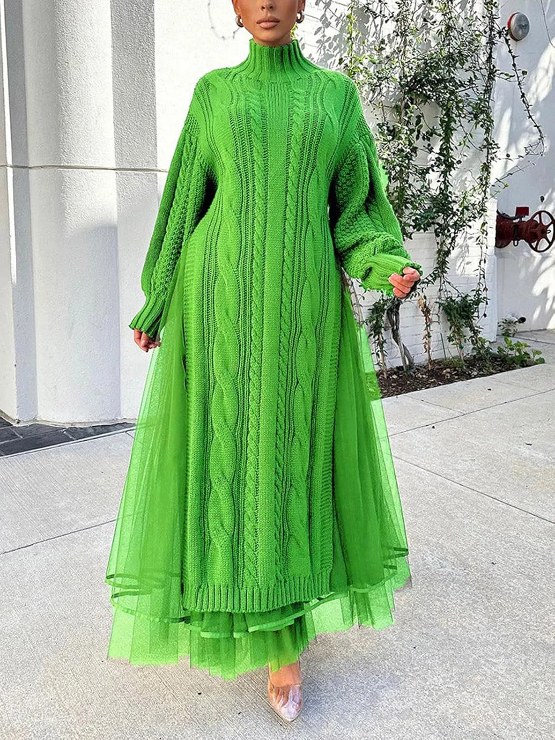 KANSOON Two Piece Fall Outfits for Women Long Lantern Sleeve Slit Sweater Dress and Maxi Tulle Skirt Set with Belt