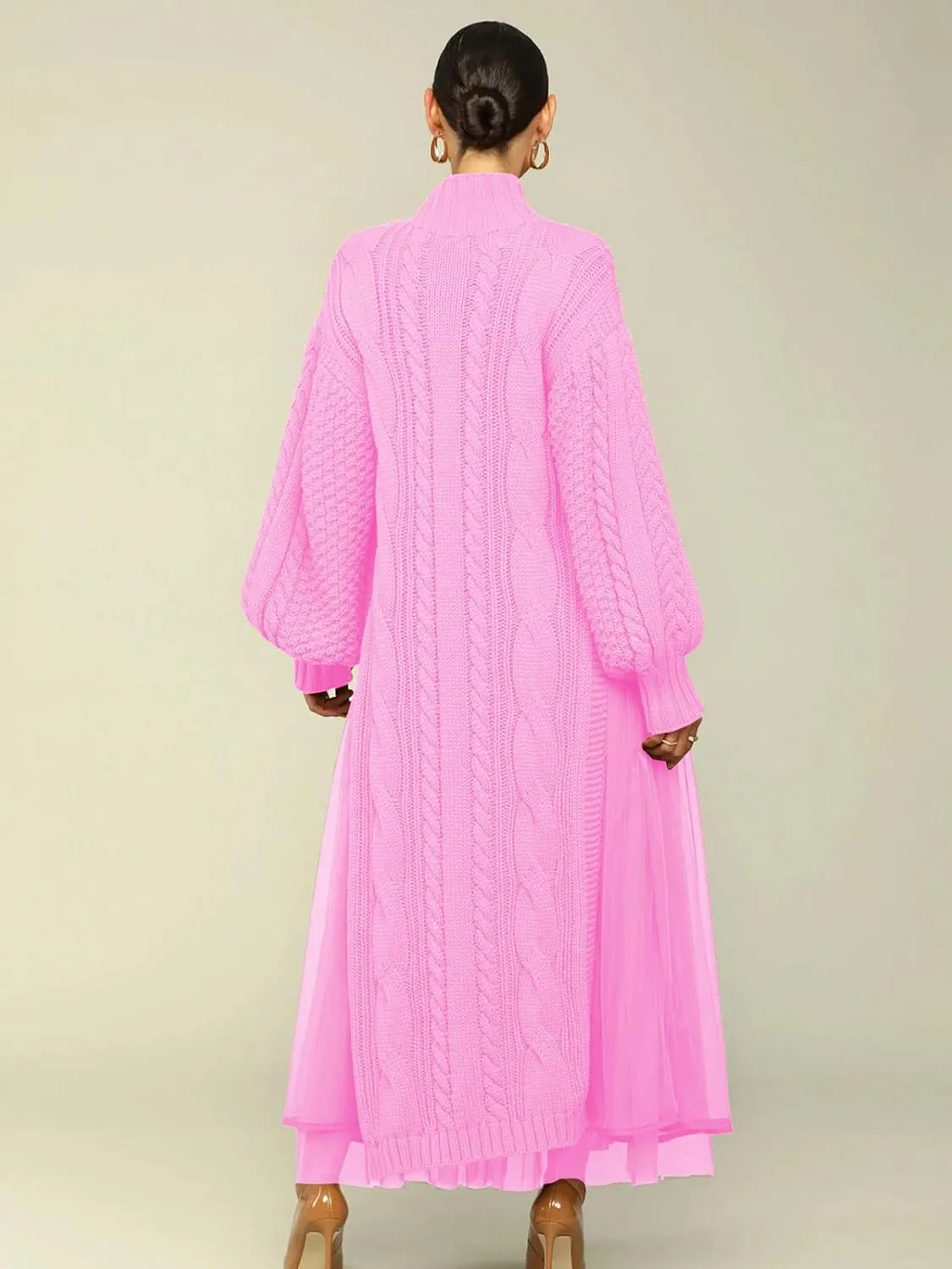 KANSOON Two Piece Fall Outfits for Women Long Lantern Sleeve Slit Sweater Dress and Maxi Tulle Skirt Set with Belt