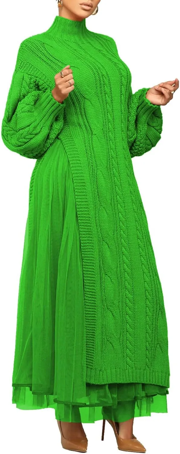 KANSOON Two Piece Fall Outfits for Women Long Lantern Sleeve Slit Sweater Dress and Maxi Tulle Skirt Set with Belt