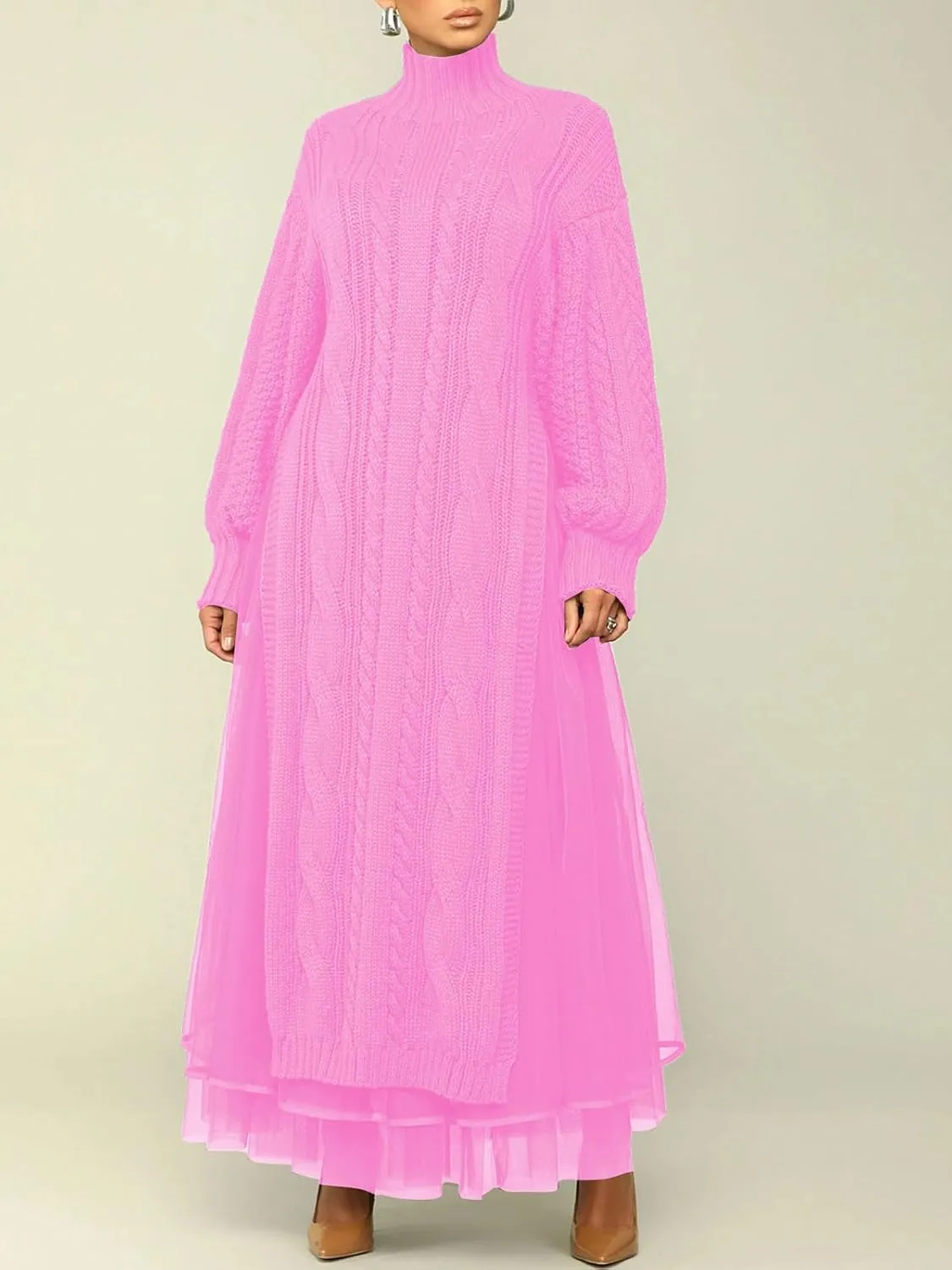KANSOON Two Piece Fall Outfits for Women Long Lantern Sleeve Slit Sweater Dress and Maxi Tulle Skirt Set with Belt
