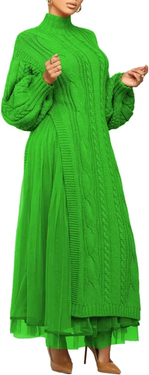 KANSOON Two Piece Fall Outfits for Women Long Lantern Sleeve Slit Sweater Dress and Maxi Tulle Skirt Set with Belt