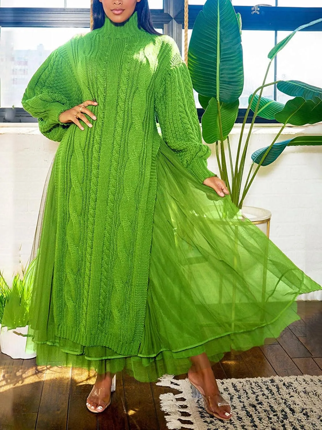 KANSOON Two Piece Fall Outfits for Women Long Lantern Sleeve Slit Sweater Dress and Maxi Tulle Skirt Set with Belt