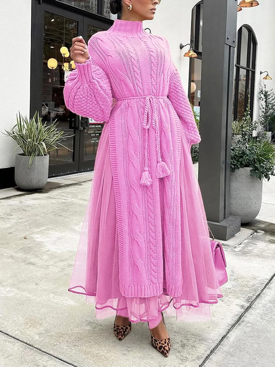 KANSOON Two Piece Fall Outfits for Women Long Lantern Sleeve Slit Sweater Dress and Maxi Tulle Skirt Set with Belt