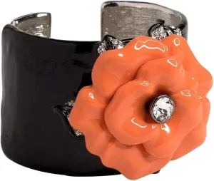 Kenneth Jay Lane, BLACK ENAMEL CUFF BRACELET WITH CORAL FLOWER ACCENT