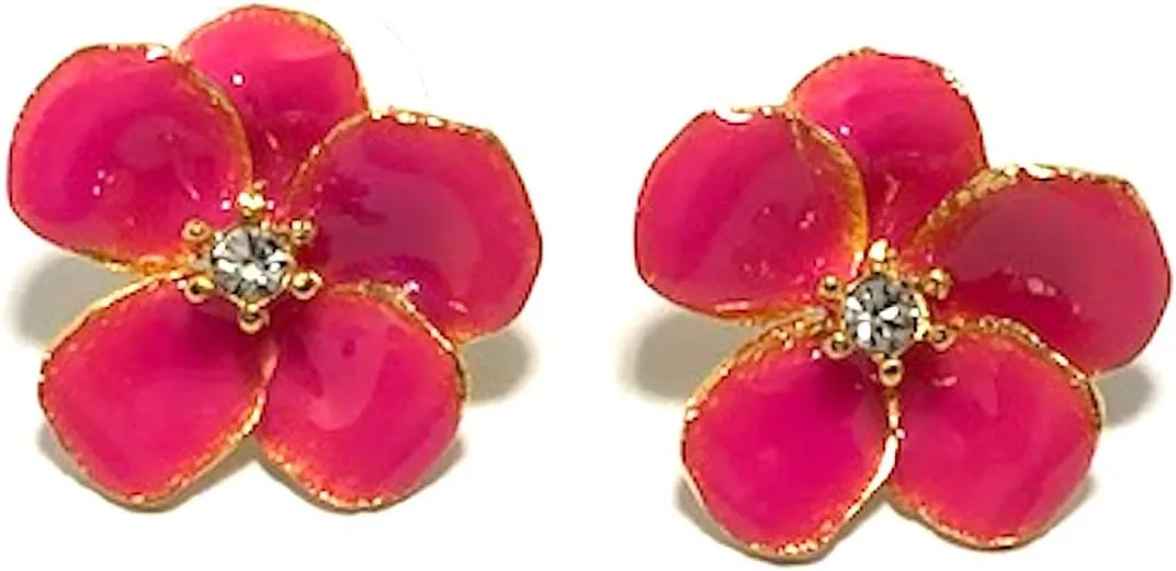 Kenneth Jay Lane Small Gold Flower with Pink Enamel Petals and Crystal Center Post Earrings