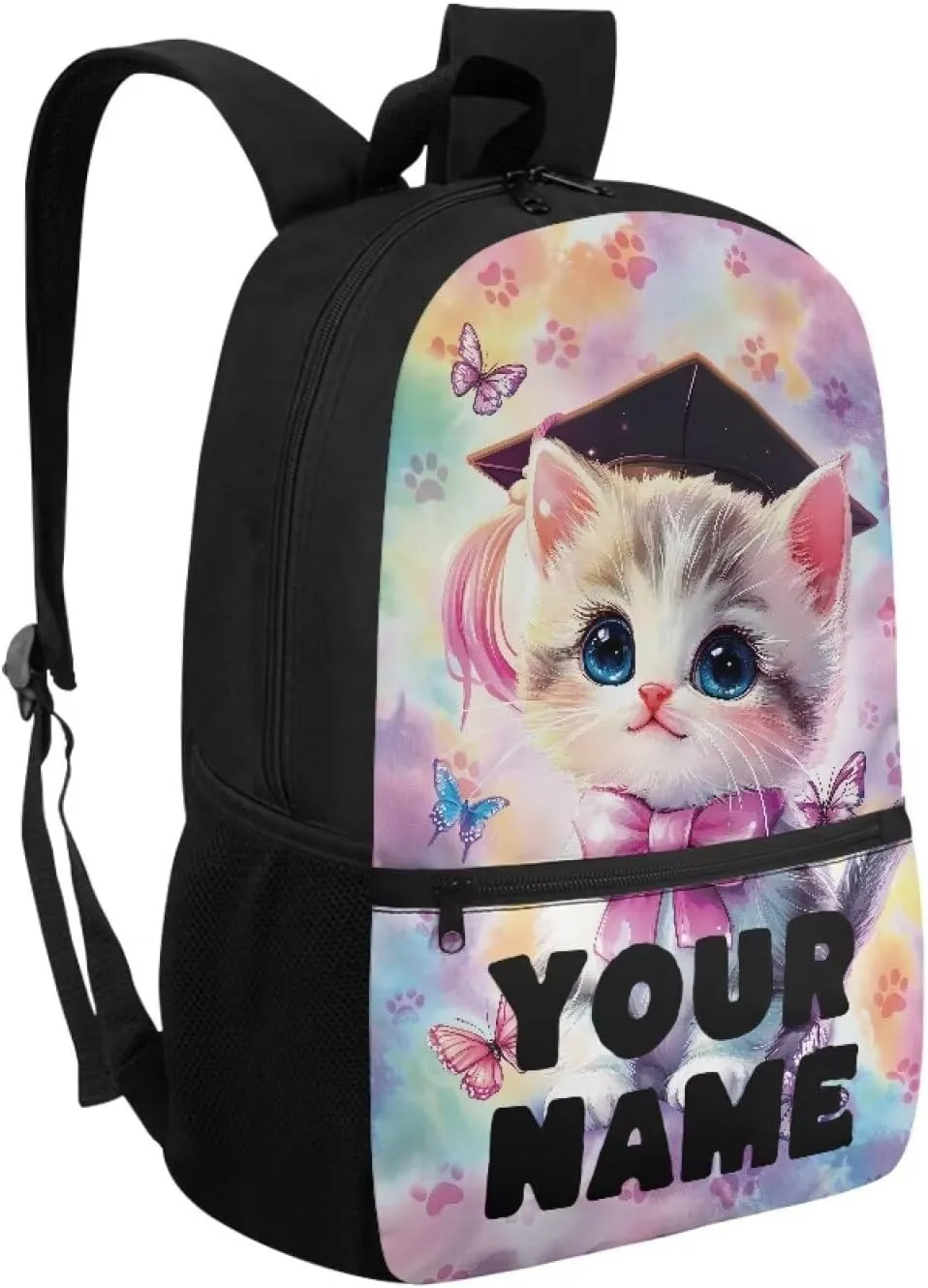 Kids Cat Backpack for School, Personalized Backpacks, Custom Bookbags School Bag for Girls, 17 Inch Monogram Bookbag for Primary Middle, Large Capacity