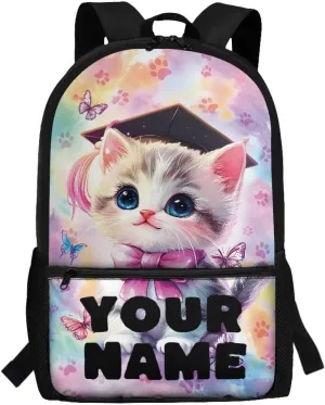 Kids Cat Backpack for School, Personalized Backpacks, Custom Bookbags School Bag for Girls, 17 Inch Monogram Bookbag for Primary Middle, Large Capacity
