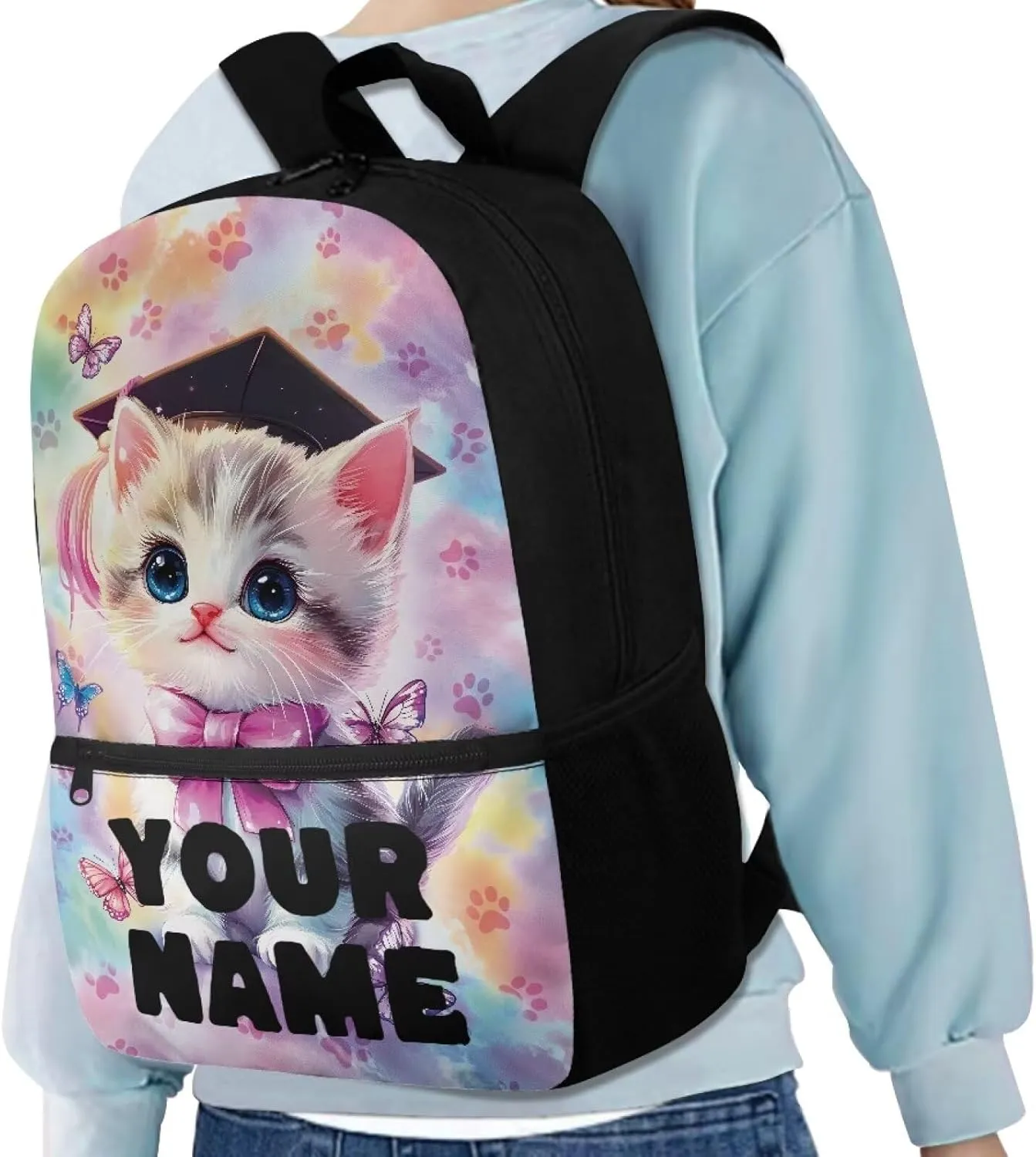 Kids Cat Backpack for School, Personalized Backpacks, Custom Bookbags School Bag for Girls, 17 Inch Monogram Bookbag for Primary Middle, Large Capacity