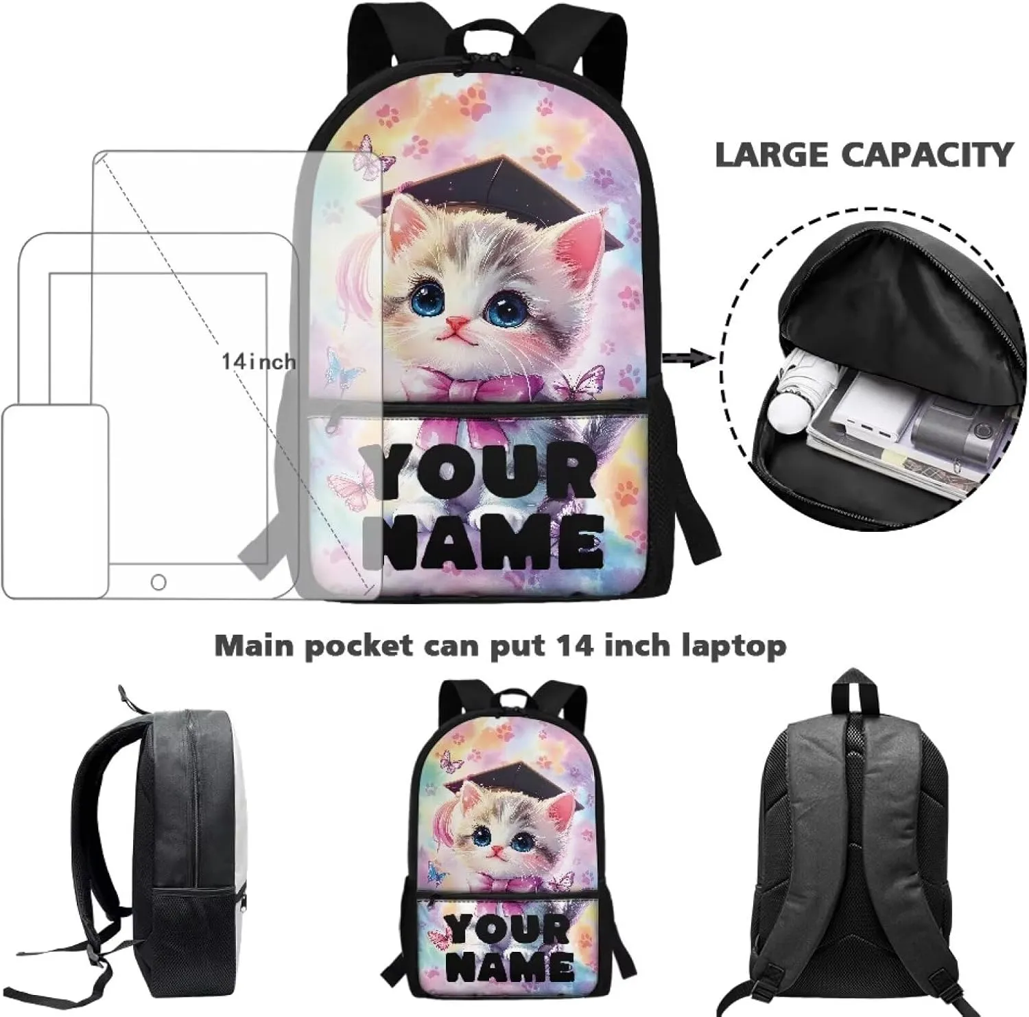 Kids Cat Backpack for School, Personalized Backpacks, Custom Bookbags School Bag for Girls, 17 Inch Monogram Bookbag for Primary Middle, Large Capacity