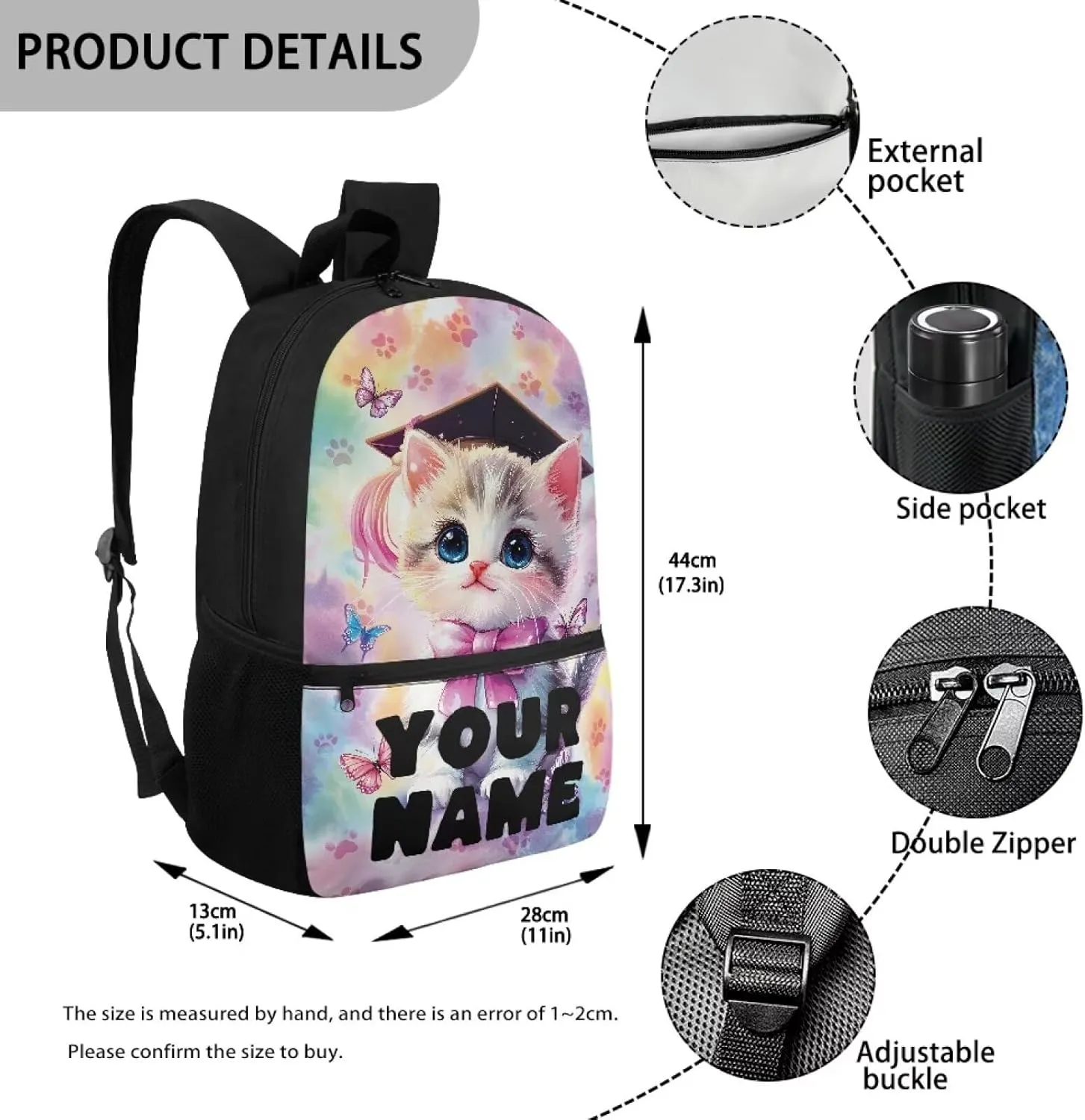 Kids Cat Backpack for School, Personalized Backpacks, Custom Bookbags School Bag for Girls, 17 Inch Monogram Bookbag for Primary Middle, Large Capacity