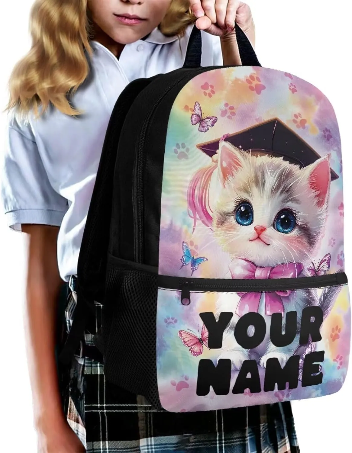 Kids Cat Backpack for School, Personalized Backpacks, Custom Bookbags School Bag for Girls, 17 Inch Monogram Bookbag for Primary Middle, Large Capacity
