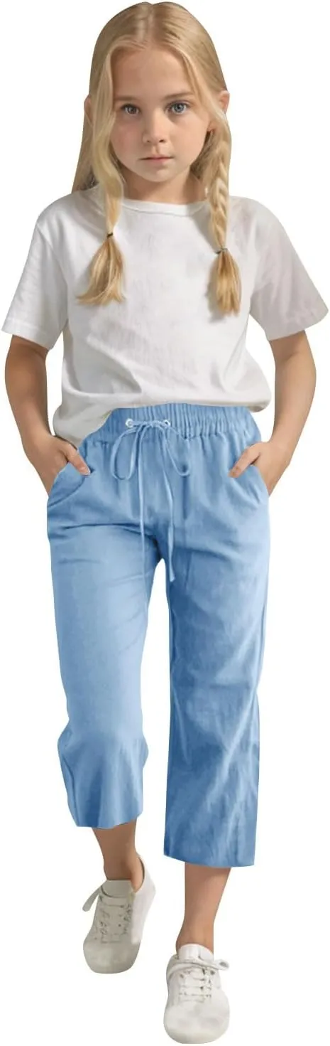 Kids Girl Boy Pants Shorts for Kid Linen Loose Fit High Cut Flare Wide Leg Summer Fall Pants 2025