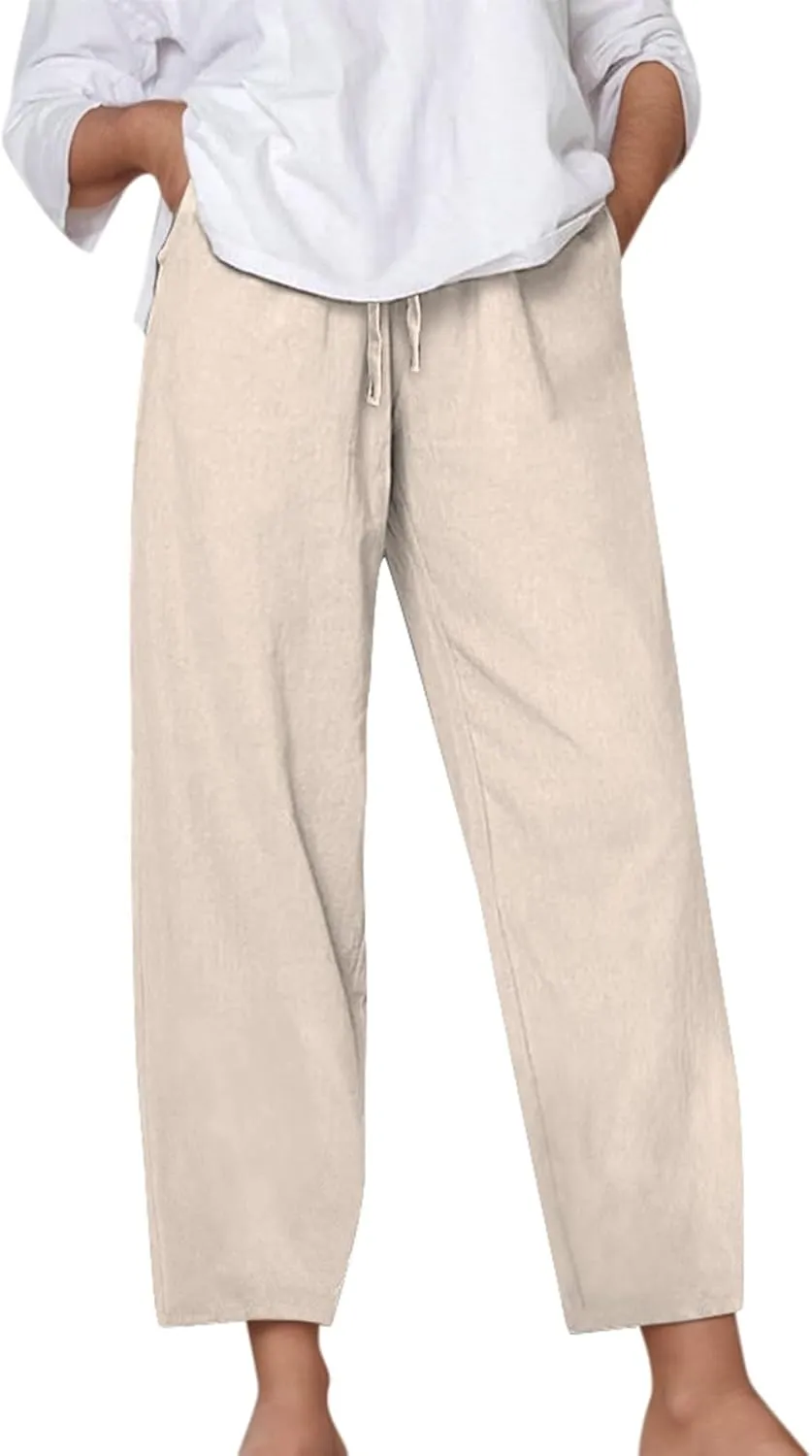 Kingspinner Linen Pants Women, Womens Capri Pants Casual Summer Elastic Waisted Plus Size Baggy Ladies Boho Trousers Vacation