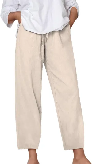 Kingspinner Linen Pants Women, Womens Capri Pants Casual Summer Elastic Waisted Plus Size Baggy Ladies Boho Trousers Vacation