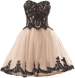 Kivary Short Tulle Vintage Black Lace Gothic Prom Homecoming Cocktail Party Dresses
