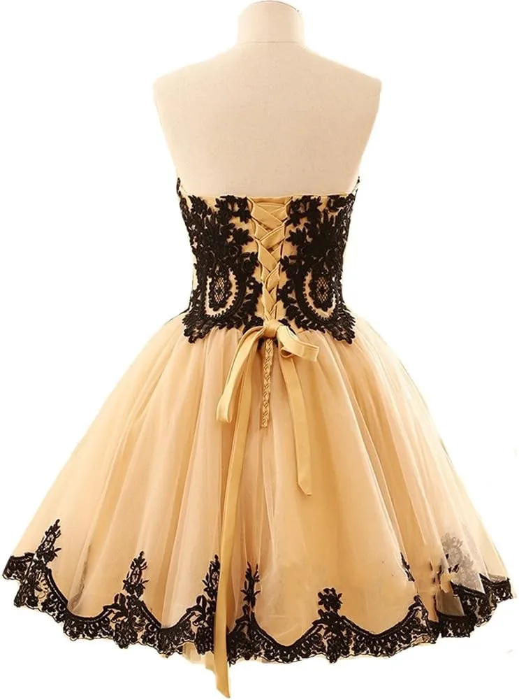Kivary Short Tulle Vintage Black Lace Gothic Prom Homecoming Cocktail Party Dresses