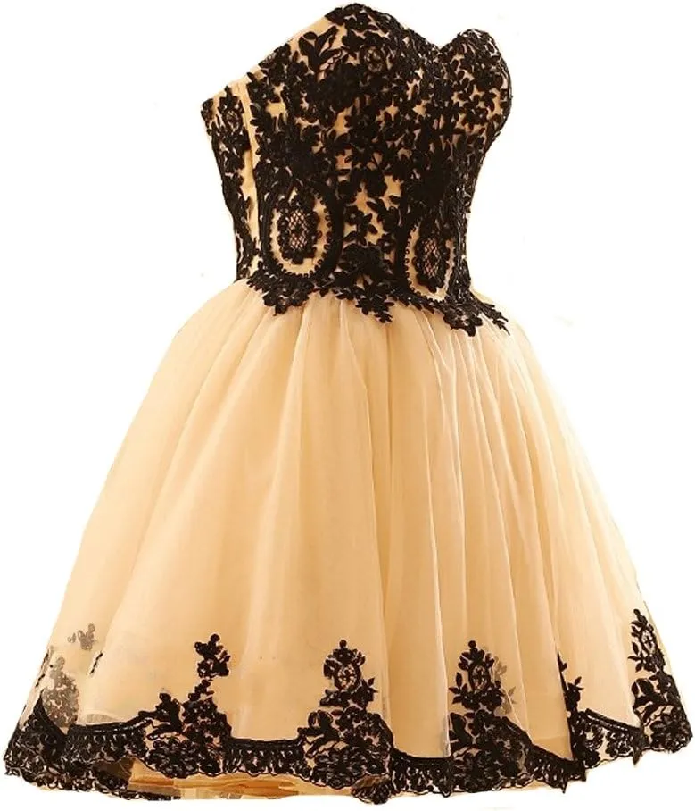 Kivary Short Tulle Vintage Black Lace Gothic Prom Homecoming Cocktail Party Dresses
