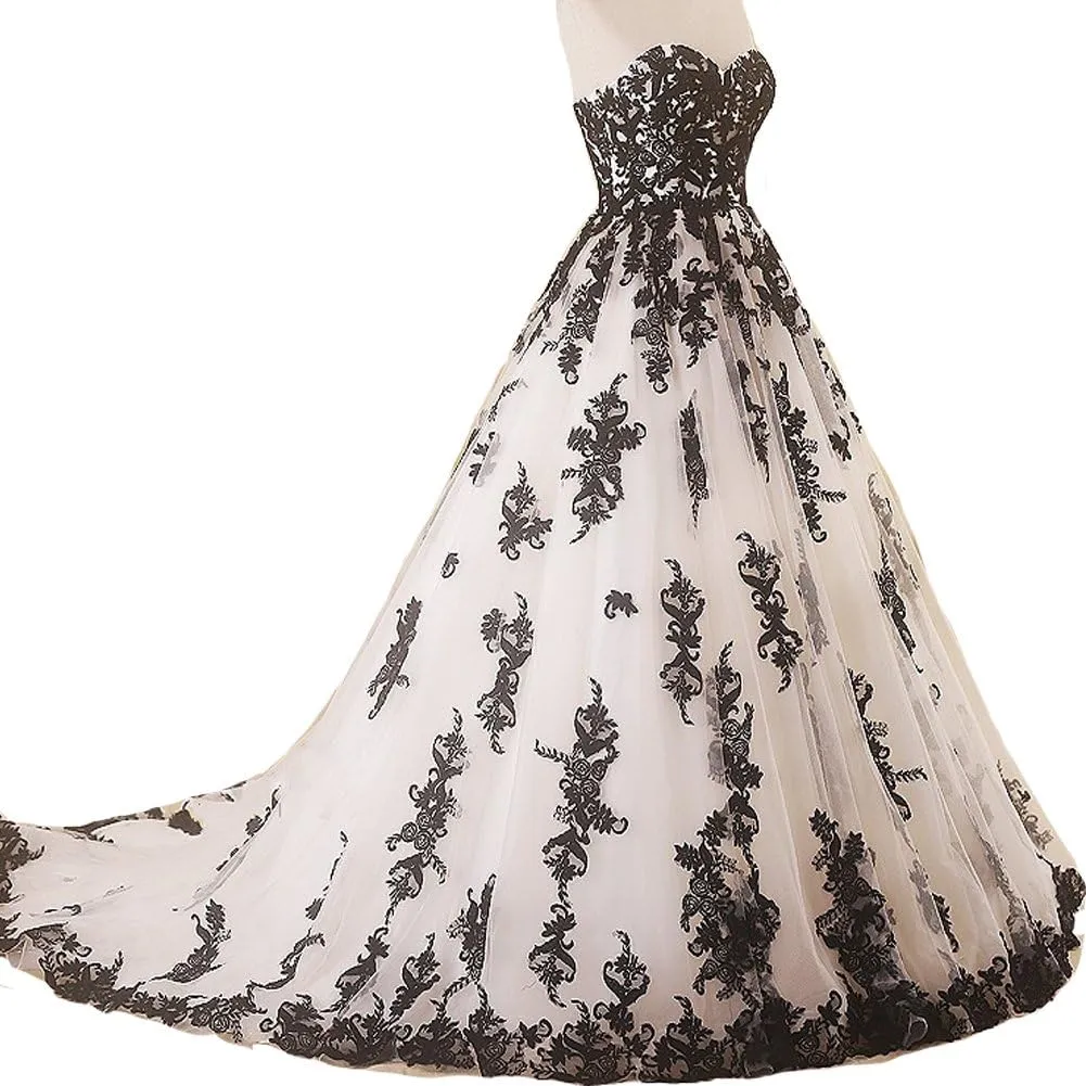 Kivary Vintage Gothic Black Lace Ball Gown Long Prom Dresses Wedding Gowns