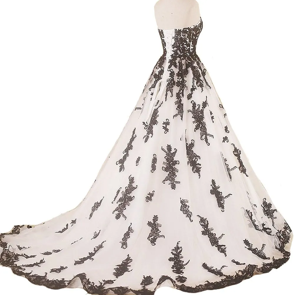Kivary Vintage Gothic Black Lace Ball Gown Long Prom Dresses Wedding Gowns